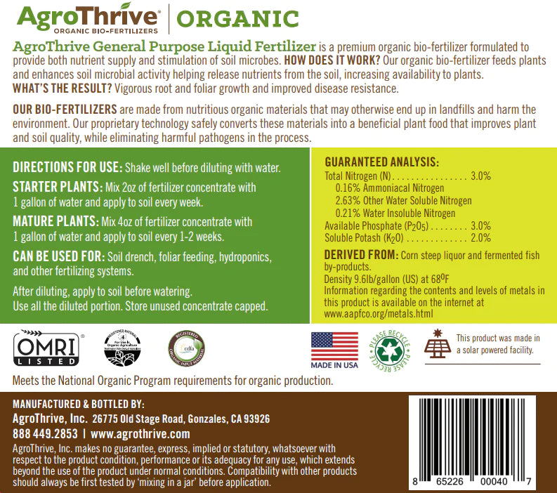 the label on a bottle of organic liquid fertilizer AgroThrive | General Purpose Liquid Fertilizer